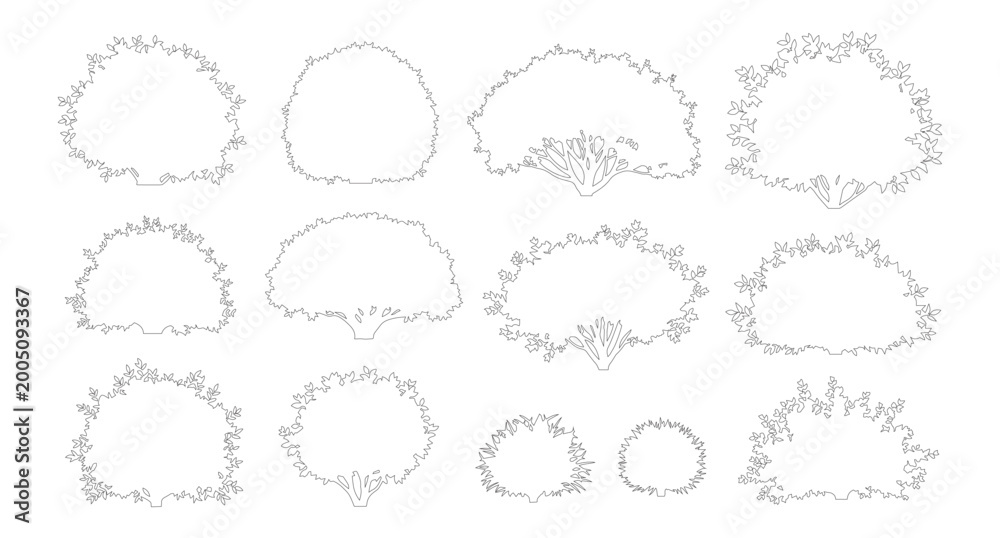 Obraz premium Minimalist bush line art icons, set of 12 garden shrub vector outlines, botanical plant silhouettes for landscape architecture and garden design