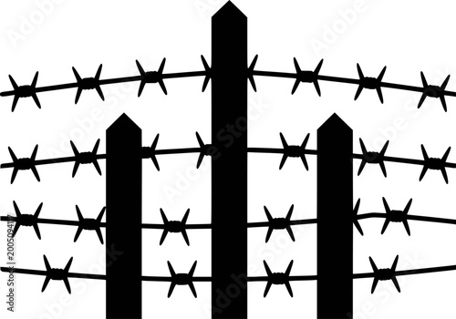 Photography Black silhouette of barbed wire fence with pointed posts white background barrie