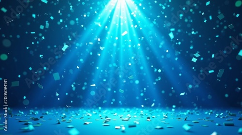Blue light beams falling confetti celebration image