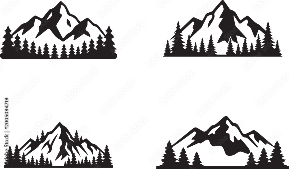 Fototapeta premium Minimal Mountain Silhouette Vector Set with Pine Forest Landscape, Nature Adventure Logo Bundle, Outdoor Wilderness Design Collection, Art & Illustration