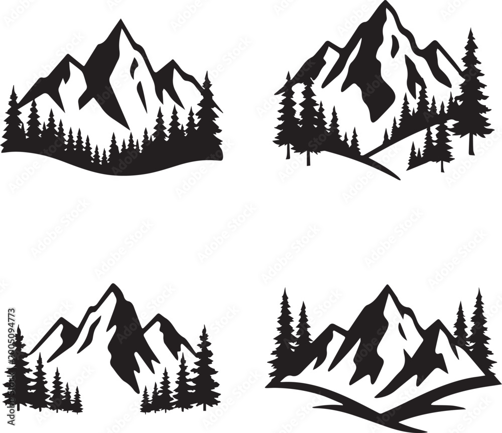 Fototapeta premium Minimal Mountain Silhouette Vector Set with Pine Forest Landscape, Nature Adventure Logo Bundle, Outdoor Wilderness Design Collection, Art & Illustration