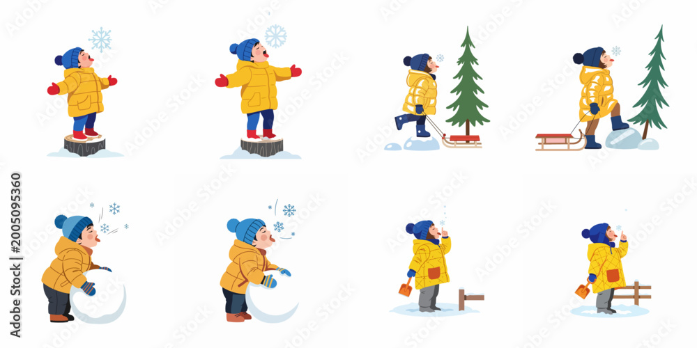 Fototapeta premium Collection of cute cartoon illustrations showing young children in yellow jackets enjoying various winter activities like catching snowflakes and sledding.