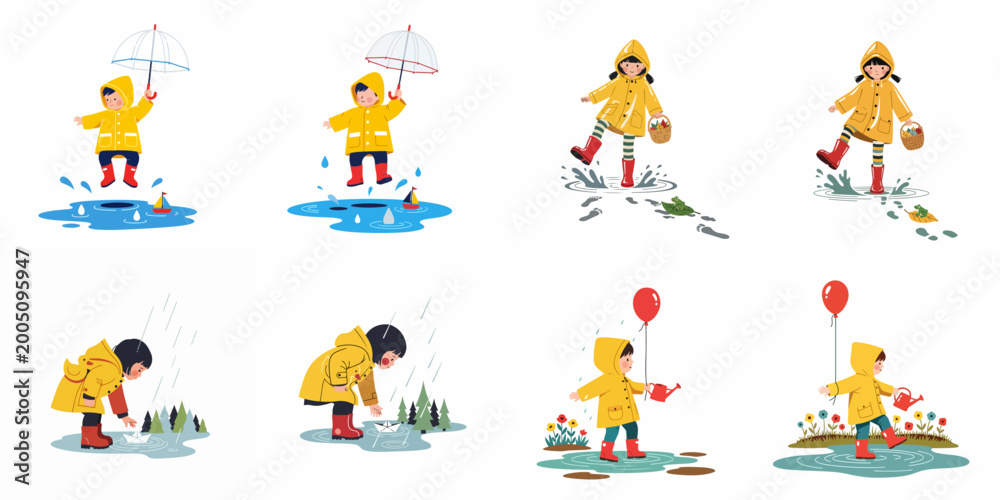 Obraz premium Cute illustrations of young children wearing yellow raincoats and red boots playing happily in puddles and rain