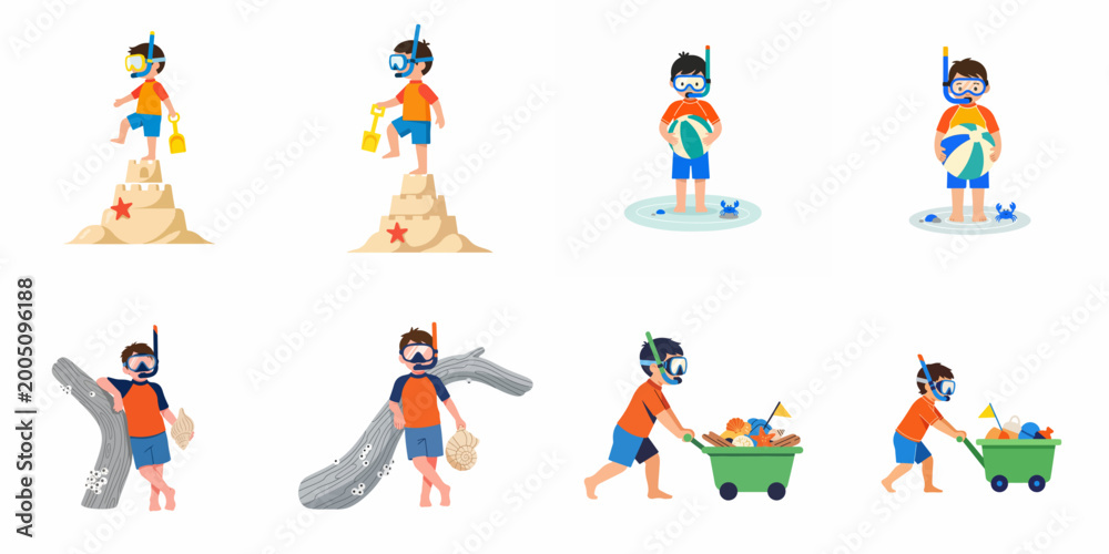 Fototapeta premium Cute cartoon boy enjoying summer beach activities like building sandcastles and collecting shells, wearing snorkeling gear in flat vector illustration set.