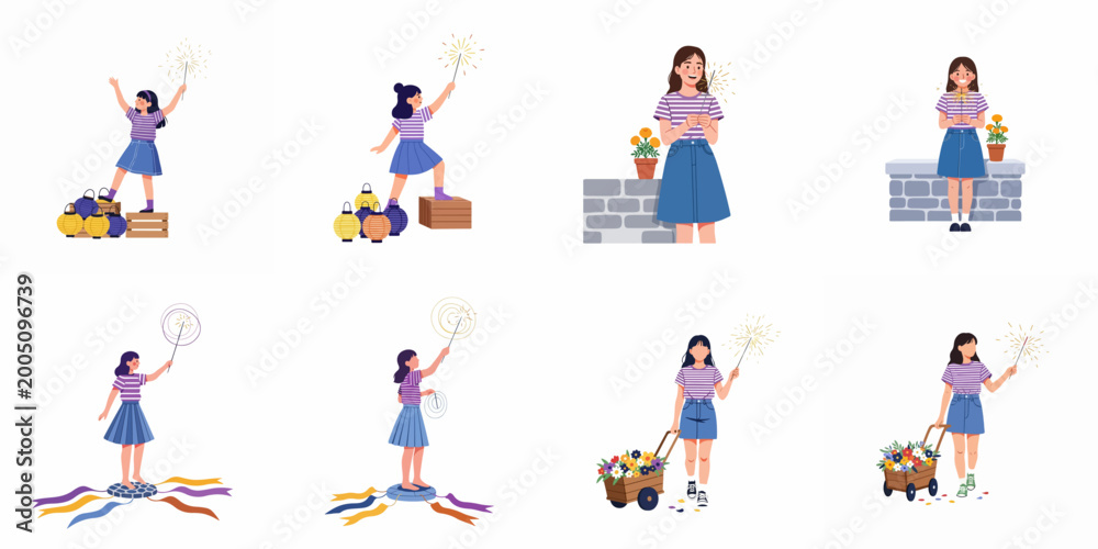 Fototapeta premium Set of diverse illustrations featuring a young girl celebrating with sparklers, festive lanterns, and flowers in a flat vector style.