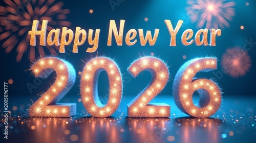 Festive celebratory numbers and text with fireworks new year celebration