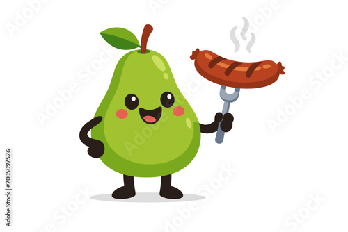 Cute Cartoon Green Pear Mascot Character Holding a Grilled Sausage on a Fork, Happy Kawaii Fruit Illustration with a Smiling Face, Flat Vector Design Isolated on White Background for Food Branding