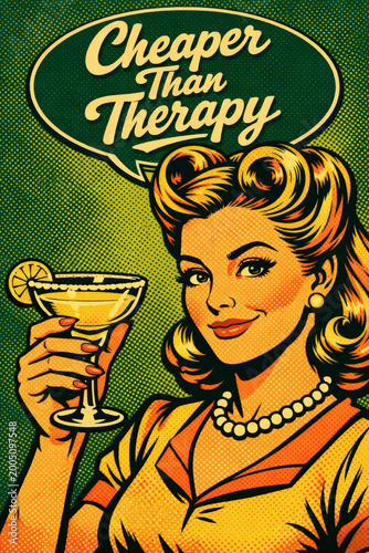 Retro Woman Pop Art Style Holds Cocktail with Speech Bubble Text