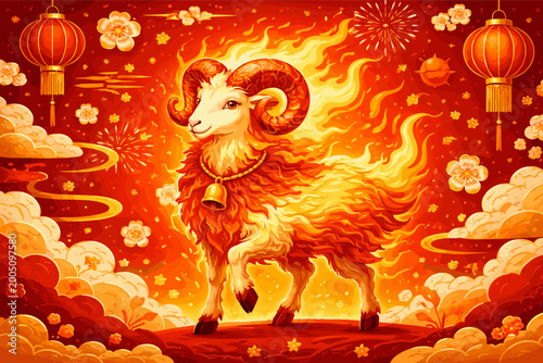 Chinese New Year 2027 Year of the Fire Sheep Vector Illustration, Vibrant Red and Gold Oriental Poster with Fiery Ram, Traditional Lunar Zodiac Animal, Lanterns, Clouds and Festive Fireworks
