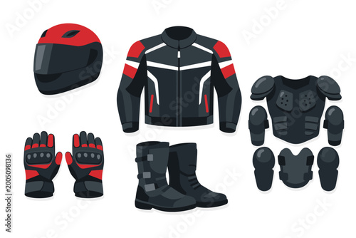Professional Motorcycle Gear Set with Red and Black Helmet, Protective Jacket, Racing Gloves, Riding Boots, and Body Armor. Flat Vector Illustration of Essential Biker Safety Equipment Collection.