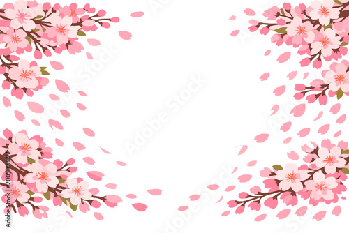 Spring Cherry Blossom Frame with Falling Sakura Petals on White Background; Japanese Floral Border for Banner, Cosmetic Beauty Product Display, Wedding Invitation, and Romantic Greeting Card.