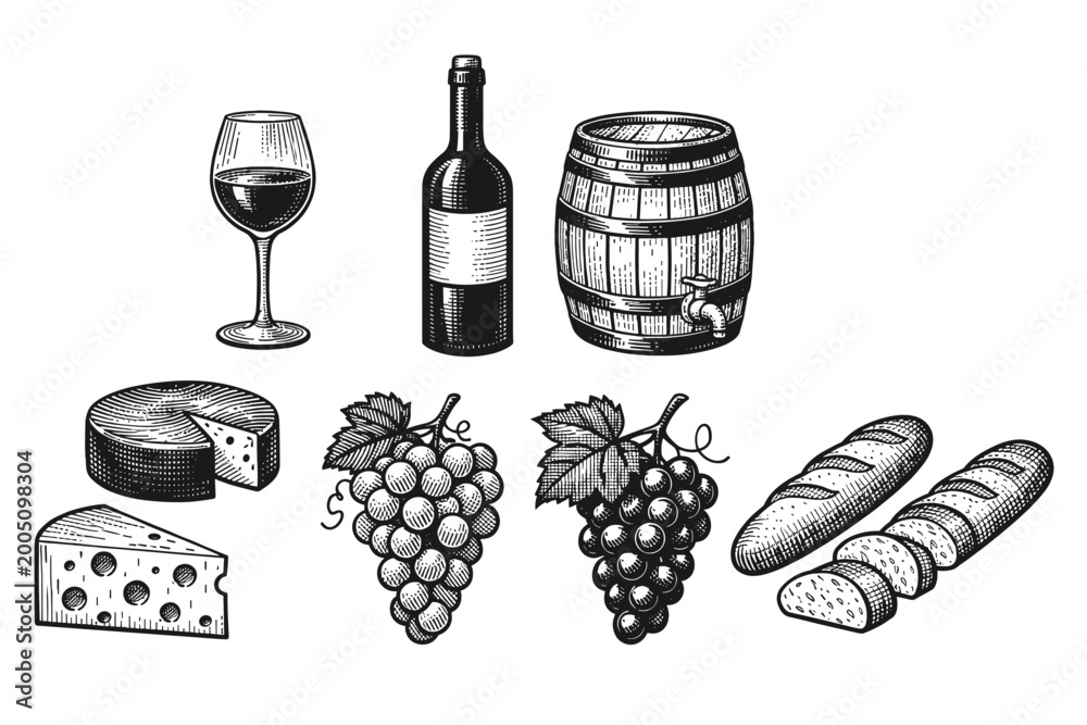 Obraz premium Vintage Engraving Style Collection of Wine Cheese Grapes and Baguette Bread Icons. Hand Drawn Woodcut Illustration of Wine Bottle Glass Barrel Swiss Cheese Grape Bunches and French Baguette Bread