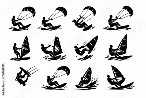 Kitesurfing and Windsurfing Black Silhouette Icons Set, Hand Drawn Water Sports Collection of Extreme Kiteboarding and Windsurfer Athletes in Action on Ocean Waves, Minimalist Vector Illustration