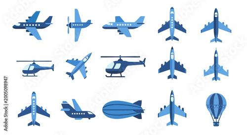 Foto Collection of Blue Aircraft, Helicopters, and Airship Vector Icons