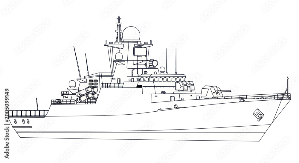 Fototapeta premium Military Warship Outline Vector - Naval Destroyer Silhouette