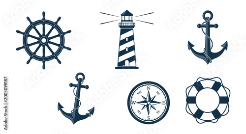 Nautical Icons: Ship's Wheel, Lighthouse, Anchor, Compass, Lifebuoy - Marine Set