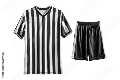 Black and white striped referee uniform shirt and shorts isolated on transparent background. Black and white striped sports uniform consisting of a jersey shirt isolated on white background.