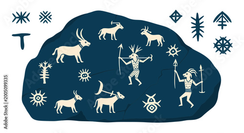 Ancient petroglyphs on stone: hunters, animals, symbols
