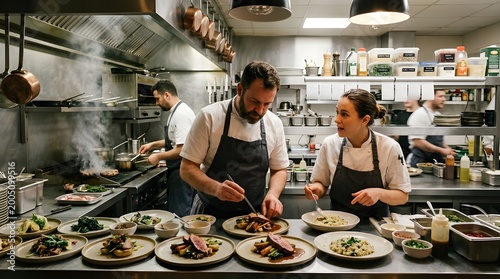 Busy Professional Restaurant Kitchen Team Collaborating on Food Preparation and Plating for a Fine Dining Service