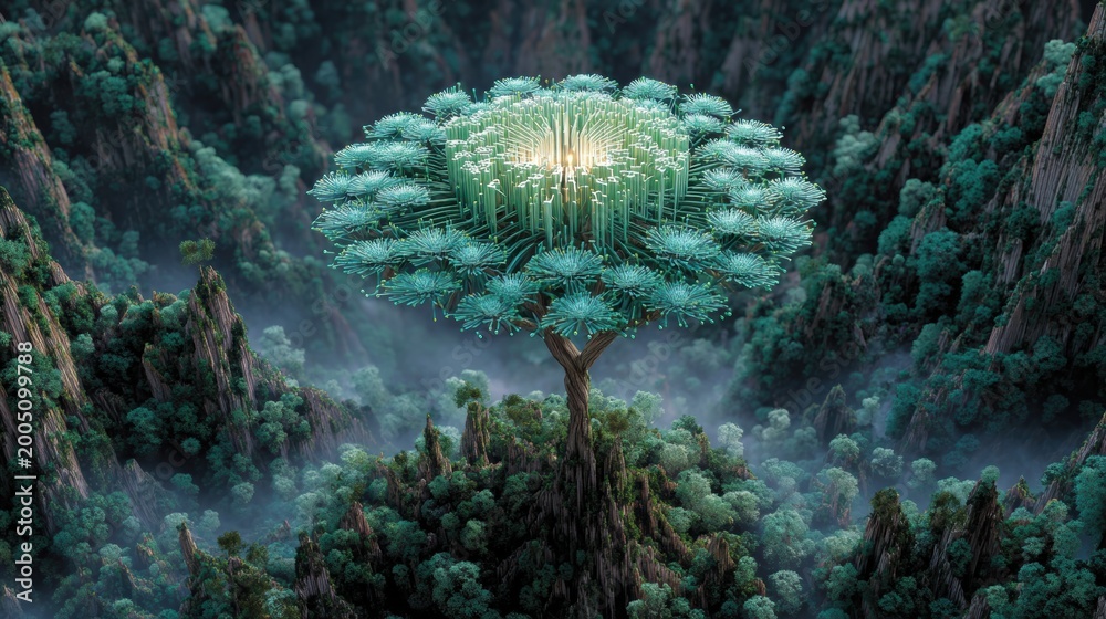 Fototapeta premium Surreal glowing tree on misty mountain landscape fantasy