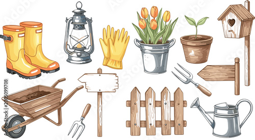 Bild auf Leinwand Gardening tools and accessories vector set featuring boots, wheelbarrow, waterin
