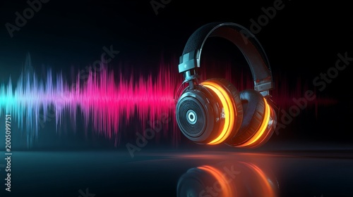 Glowing headphones with vibrant audio waveform, premium podcast concept, bright colorful digital background