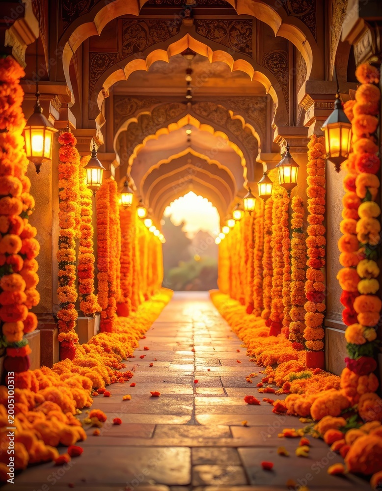 Fototapeta premium A vibrant, sun-drenched corridor adorned with marigolds leads towards a bright, ethereal light, showcasing intricate architectural details and a sense of serene beauty.