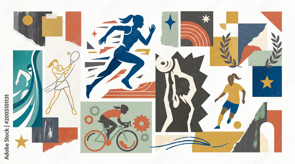 Fototapeta premium sports collage with female athletes competing in various in disciplines like running swimming tennis cycling weightlifting and soccer