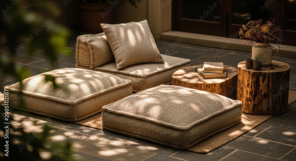 Fototapeta premium Natural Ecru Textured Square Floor Cushions Arranged for Comfortable Outdoor Seating on Patio