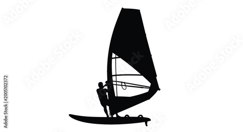 Windsurfing sail and board silhouette against a white background watersport equipment outline high quality professional detailed modern elegant stylish clean crisp