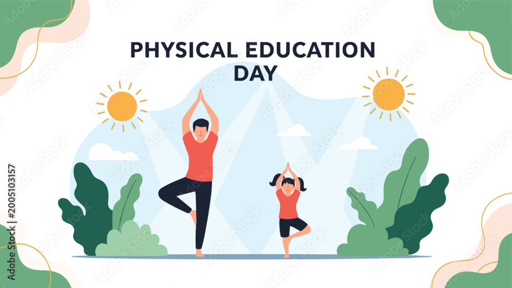 Fototapeta premium Man and young girl practicing yoga tree pose together outdoors in a sunlit park celebrating physical education day.