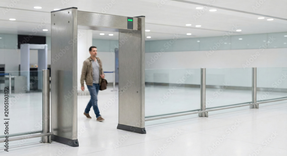 Fototapeta premium Man walking through a metal detector archway at an airport security checkpoint