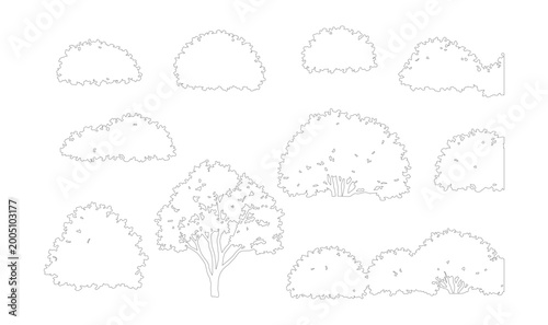 Obraz na plátně Minimalist line art bushes and tree set, 11 botanical vector elements for archit