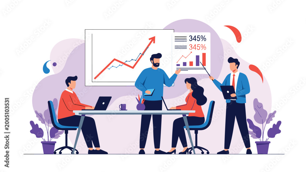 Fototapeta premium Business team working together in an office analyzing growth charts and financial data on a whiteboard presentation.
