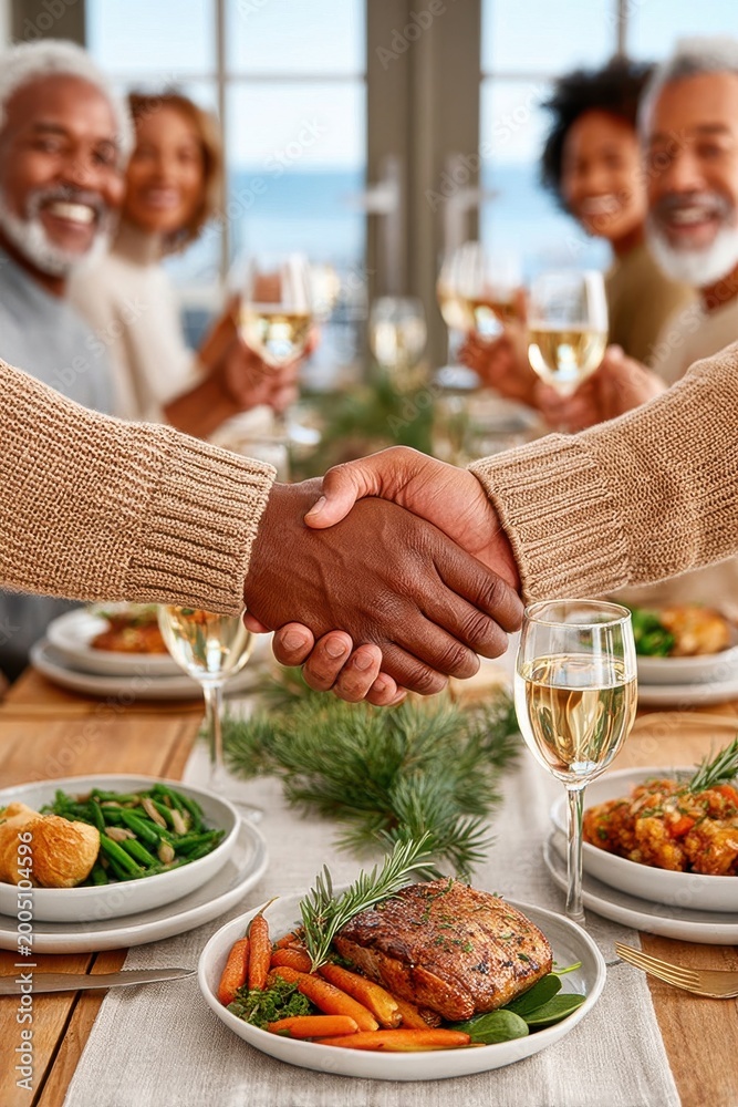Obraz premium Friends and family shaking hands over a festive dinner table with roasted meat and wine