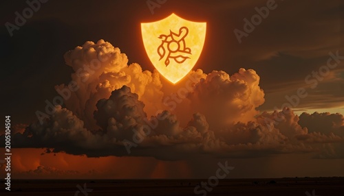 Radiant Golden Shield Amidst Dramatic Sunset Storm Clouds