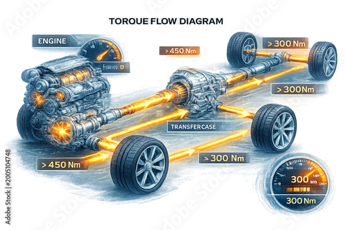 torque flow diagram, drivetrain system, powertrain diagram, torque distribution, vehicle drivetrain, automotive engineering, mechanical system, transmission system, engine to wheels, drivetrain layout