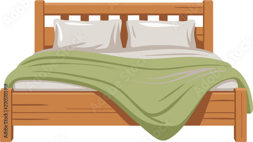 Bilde på lerret Wooden double bed with pillows and blanket vector on white background
