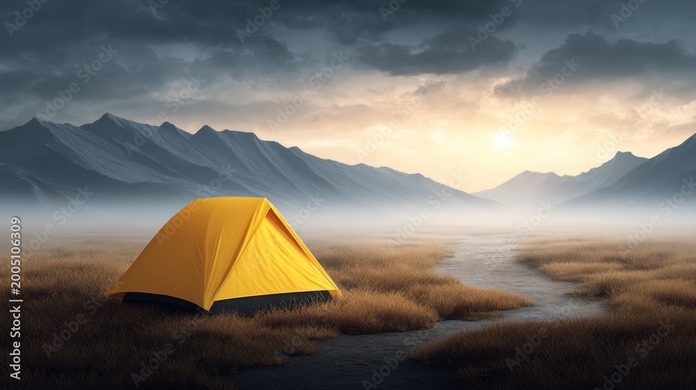 Obraz premium Serene Yellow Tent in Vast Open Landscape with Majestic Mountains and Soft Morning Light, Capturing the Beauty of Nature and Outdoor Adventure