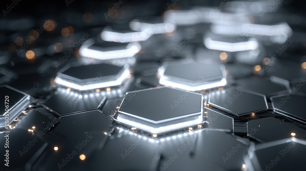 Fototapeta premium Futuristic hexagonal grid with glowing lights and bokeh