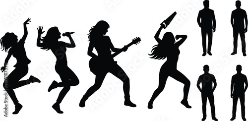 Quadro su tela Black silhouette set, female singer, guitarist, dancing people, jumping, cheerin