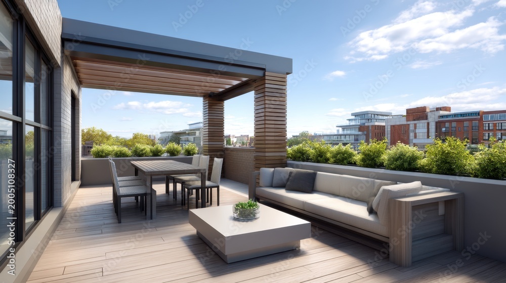 Obraz premium Modern rooftop terrace with stylish furniture, serene views, and bright blue sky, perfect for relaxation and outdoor gatherings in urban settings