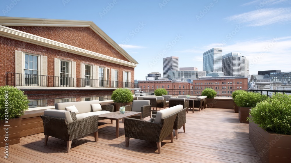 Naklejka premium Modern outdoor terrace with lounge seating and city skyline view on sunny day showcasing urban architecture and inviting atmosphere for relaxation
