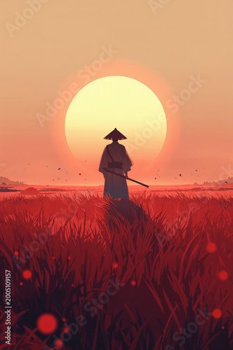 Warrior in straw hat stand in red field at sunset, dramatic art style