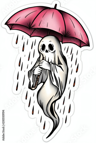 Illustration of a spooky ghost holding an umbrella in a dark, moody rain