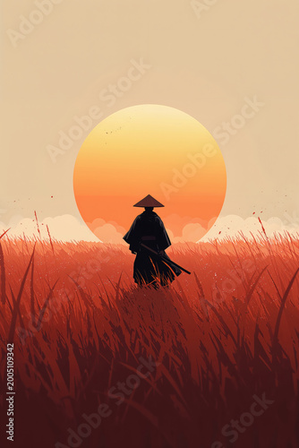 Lone Figure in Ancient Robe Against Sunset in Tall Grass Field