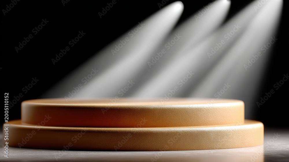 Obraz premium Gold tiered round podium under focused spotlights for luxury product display background and elegant presentation banner design