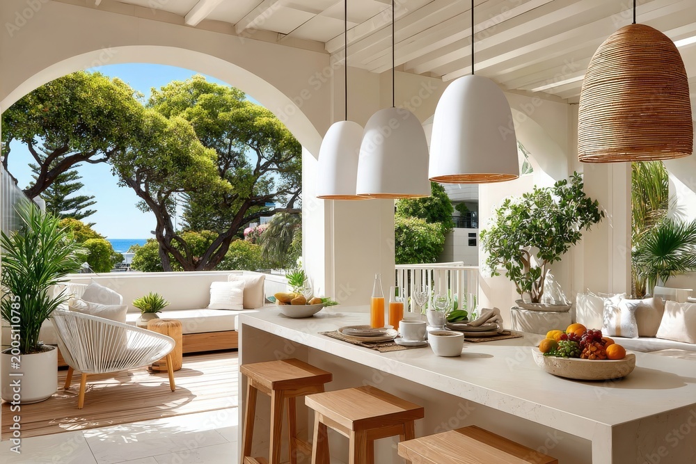 Fototapeta premium Sunny coastal outdoor dining terrace with modern kitchen island, seating and lush greenery