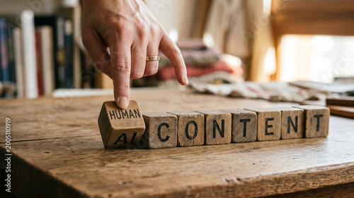 Human hand wooden block ai content anti ai content table finger human