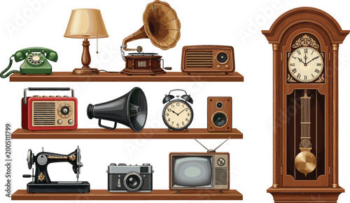 Obraz na płótnie Vintage Antique Object Collection on Wooden Shelves Featuring Retro Radio, Gramo